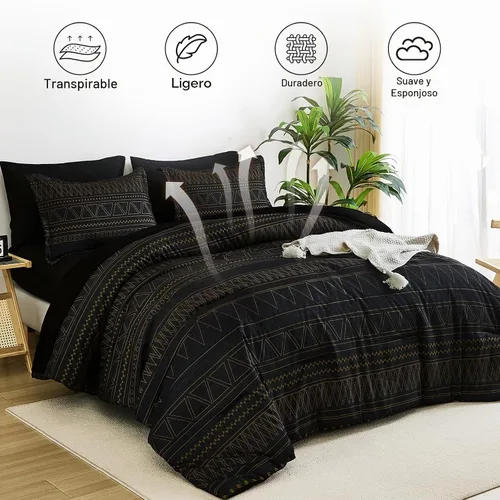 Vista 2 de WONGS BEDDING Juego de edredón Queen, rayas geométricas de oro negro Negro dorado