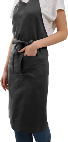 Vista 2 de Amazhiyu Delantal de cocina de lino puro con bolsillos para mujeres y hombres, cocinero, barbacoa, manualidades