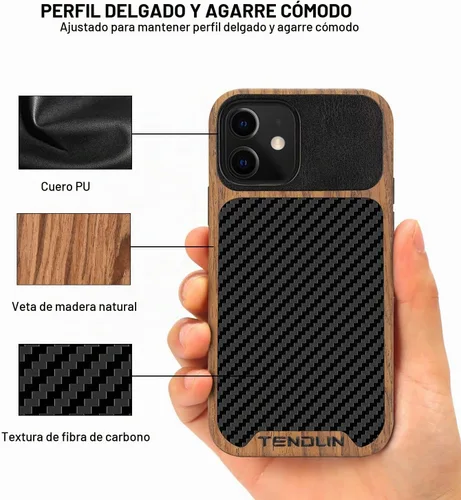 Vista 3 de TENDLIN Compatible con iPhone 12 Mini Funda de Grano de Madera con Textura de Fibra de Carbono Diseño de Cuero Híbrido Funda Negra