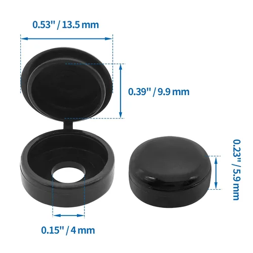 Vista 2 de Tapones de rosca negros con tapas abatibles, cubiertas con bisagras para tornillos Phillips, paquete de cubierta impermeable para orificios