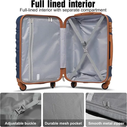 Vista 4 de LONG VACATION Juego de equipaje de 4 piezas de ABS hardshell TSA Lock Spinner Ruedas equipaje de mano en maleta, marino, Abs Hardshell Tsa Lock