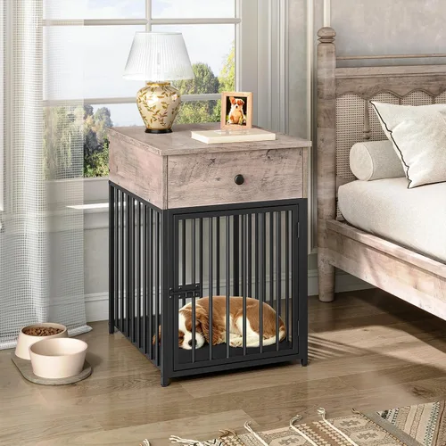 Vista 2 de HOOBRO Muebles de jaula para perros, casa de madera para perros, perrera decorativa con cajón, mesa auxiliar de jaula de interior para perros