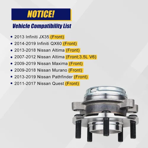 Vista 2 de KUSATEC 513296 Conjunto de buje y rodamiento de rueda delantera Compatible con Nissan Altima 2007-2018, Maxima 2009-2019, Murano 2009-2018