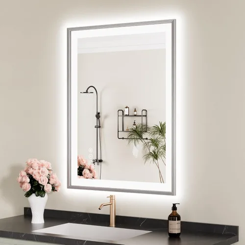 Vista 21 de Espejo de baño LED de 24x28 pulgadas con marco negro, espejos de baño retroiluminados y con luz frontal para pared, antiempañamiento, regulable
