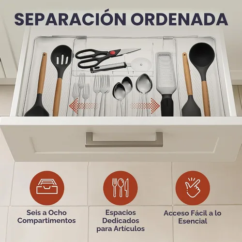 Vista 3 de Masirs Organizador de cajones de utensilios expandible, bandeja de cubiertos transparente de plástico sin BPA con múltiples compartimentos