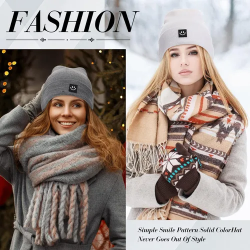 Vista 4 de Gorro de punto con cara sonriente para mujeres y hombres gorro novedoso con puños para invierno hombres mujeres adultos y adolescentes