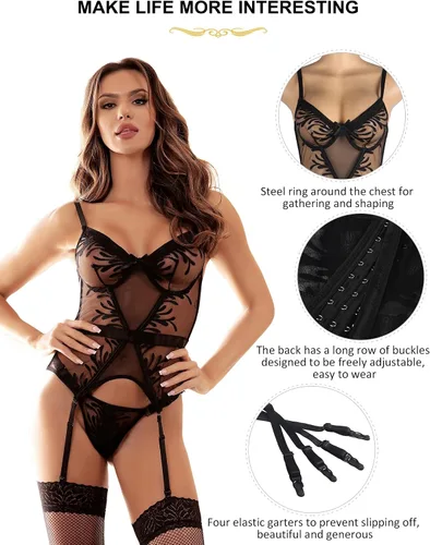 Vista 5 de ohyeah Lencería sexy para mujer con bordado de encaje, conjunto de lencería con bragas XS-4XL