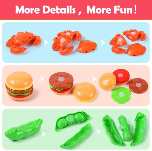 Vista 4 de HOLYFUN Juego de juguetes de comida para niños, cesta de la compra con accesorios de corte de frutas y verduras, olla y sartén, platos de plástico
