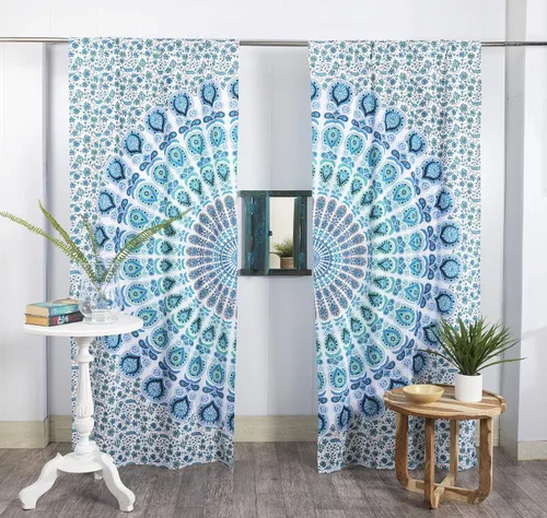 Vista 22 de Popular Handicrafts - Paneles de cortina estilo Indio Hippie Bohemio Hermosa Mandala Multicolor Azul Pavo Real