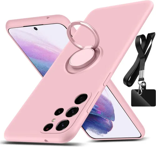 Vista 13 de Funda para Galaxy S22 Ultra, con soporte de anillo giratorio de 360° y cordón de correa de silicona líquida delgada funda protectora para Galaxy S22