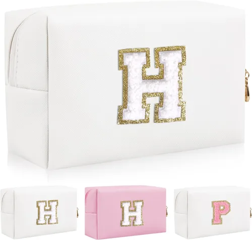 Vista 21 de Bolsa de maquillaje con parche de letra inicial personalizada, bolsa de cosméticos de chenilla preppy con letra de chenilla con cremallera, Y
