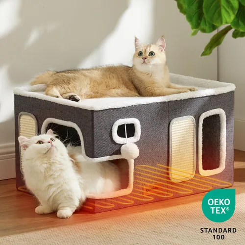 Vista 8 de ZOMISIA Casa térmica para gatos de interior – Cama grande de calentamiento para gatos para invierno con bola esponjosa colgante y almohadilla