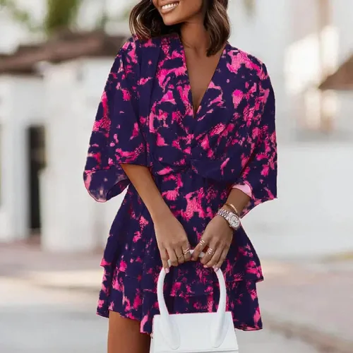 Vista 2 de Vestidos florales para mujer, 2023, primavera, verano, casual, moderno, manga murciélago, vestido de playa con cuello en V fruncido y fluido