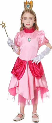 Vista 4 de Antbutler Disfraz de melocotón para niñas, vestido de durazno de súper princesa, disfraz de Halloween con corona de accesorios