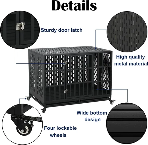 Vista 4 de Jaula resistente de 44 pulgadas para perros con ruedas, de acero indestructible a prueba de escapes, para perros de alta ansiedad, grandes