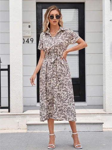 Vista 4 de BROVAVE Vestido camisero de manga corta de verano para mujer, con lazo en la cintura, botones, textura de animales, vestido midi casual