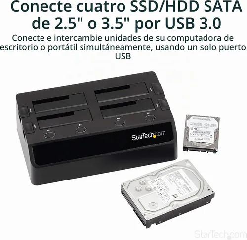 Vista 2 de StarTech Estación de acoplamiento de disco duro USB 3.0 a SATA de 4 bahías, base para disco duro USB, estación de acoplamiento externa SATA III