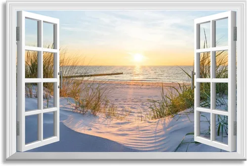 Vista 8 de Woxfcart Arte de pared de palmera de playa, imagen de escena del océano con impresiones de ventana para decoración de sala de estar azul y verde
