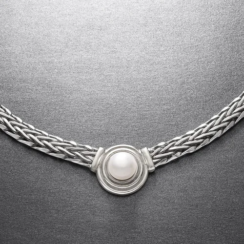 Vista 4 de Ross-Simons 8mm Cultured Pearl Flat Wheat-Chain Necklace in Sterling Silver