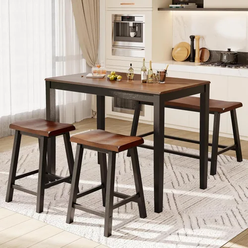 Vista 10 de PHI VILLA Juego de mesa de comedor de granja para 4 espacios pequeños, mesa y sillas de altura de mostrador con banco, juego de mesa de cocina alta
