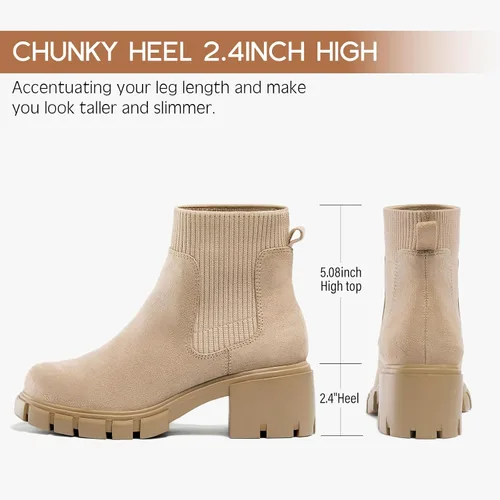 Vista 2 de FITORY Botas Chelsea para mujer, botines de tobillo elásticos con tacón medio grueso y suela con tacos, zapatos cómodos y modernos sin cordones