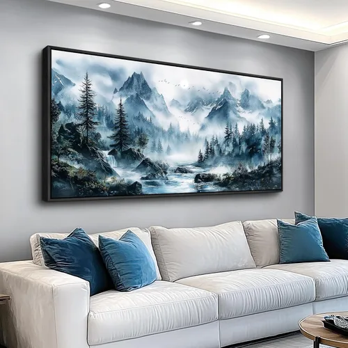 Vista 13 de ERQINHUA Arte de pared para sala de estar, lienzo decorativo de pared para dormitorio, oficina, decoración con árbol azul, paisaje junto al lago