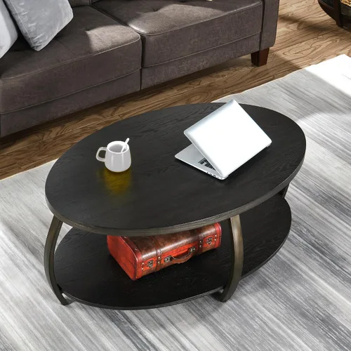 Vista 3 de KFZ2439DK - Mesa auxiliar ovalada con estante de almacenamiento, mesa de té de centro industrial con patas de metal, mesa de sofá lateral de granja