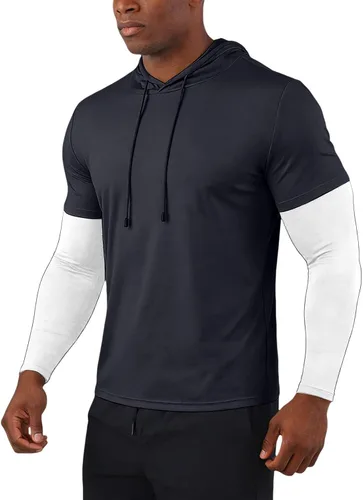 Vista 4 de Sudadera con capucha de secado rápido para hombre, manga larga, falsa de dos piezas, color sólido, camiseta atlética para entrenamiento y fitness