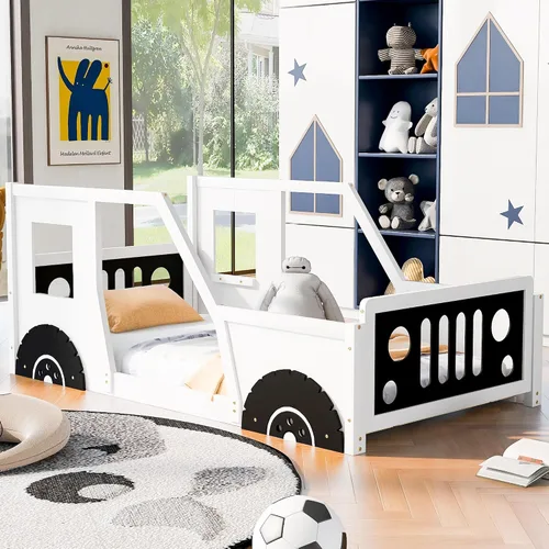 Vista 3 de Polibi Cama de plataforma, tamaño individual, cama clásica de madera en forma de automóvil con ruedas, cabecero, estribo, puertas, ventanas