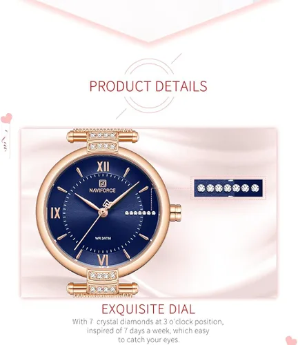 Vista 6 de NAVIFORCE Relojes de moda para mujer impermeables analógicos de lujo diseño de cara casual relojes para damas