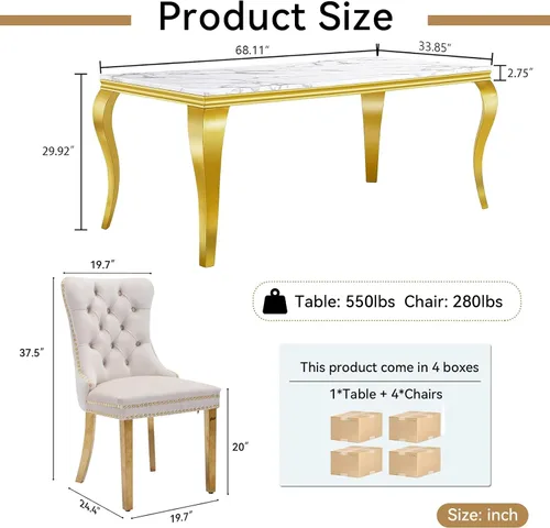Vista 3 de Juego de 5 mesas de comedor de mármol sintético para 4 mesas de cocina de lujo de 68 pulgadas de oro blanco con 4 sillas tapizadas de terciopelo