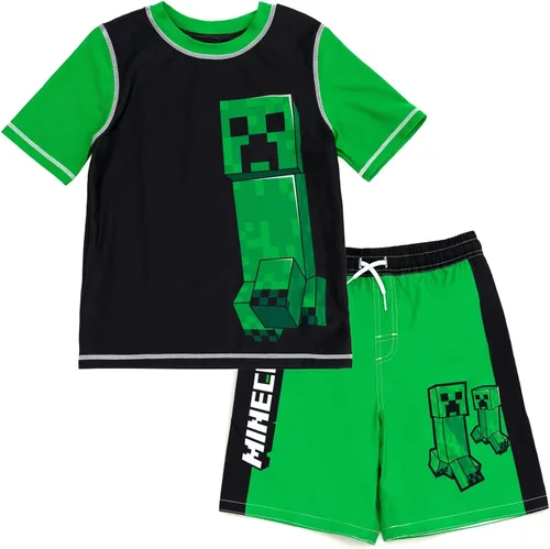 Vista 9 de Minecraft Conjunto de camiseta de protección raglán y traje de baño UPF 50+, tallas de niño a niño grande (4-18-20)