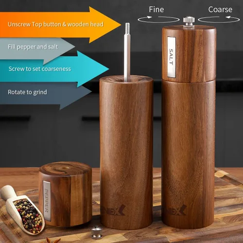 Vista 3 de KING - Molinillos de madera de sal y pimienta de acacia, juego de molinillo de sal y pimienta de madera, recargable y ajustable, molinillo manual