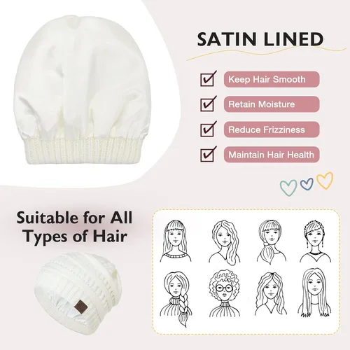 Vista 2 de Zando Gorros de punto grueso con forro de satén para mujer, cálidos gorros de invierno para mujer