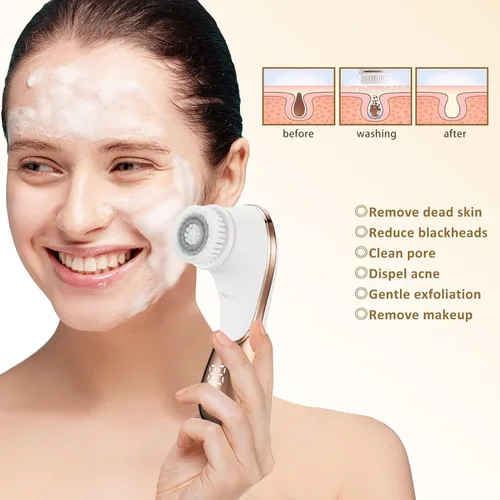 Vista 4 de Cepillo facial eléctrico recargable exfoliante facial IPX-7 impermeable rotativo limpiador de spa para exfoliación, masaje y limpieza profunda con 4