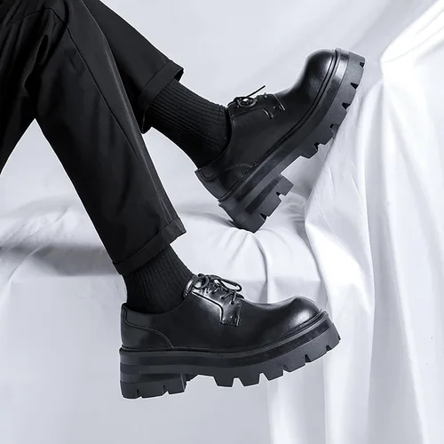 Vista 6 de Zapatos Oxford de cuero con plataforma con cordones para hombre Zapatos de vestir con suela de talón grueso y punta redonda Zapatos clásicos