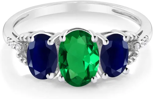 Vista 2 de Gem Stone King 10K White Gold 3-Stone Diamond Engagement Ring 1.72 Ct Oval Green Simulated Emerald Blue Sapphire
