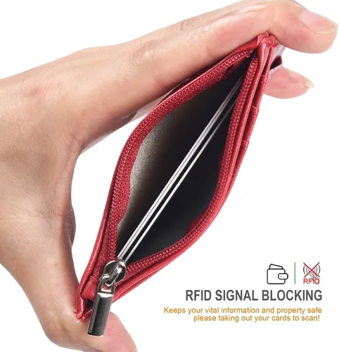 Vista 5 de Teskyer Slim Wallet, Credit Card Holder Wallet with Zip Pocket & Neck Lanyard, Minimalist Front Pocket RFID Blocking Leather Wallet for Men & Women