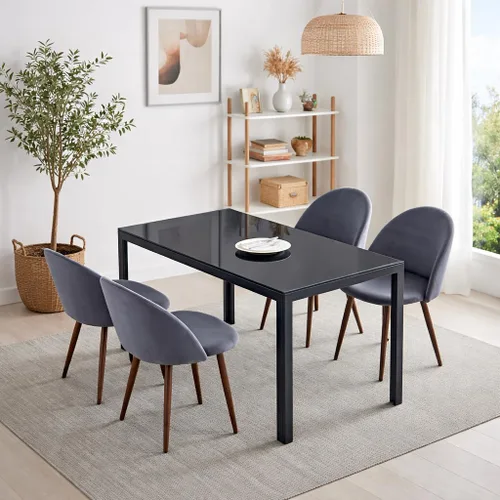 Vista 8 de Juego de sillas de comedor de 6 piezas, cuero sintético negro moderno, respaldo alto tapizado, marco de acero, cocina cómoda, muebles de comedor