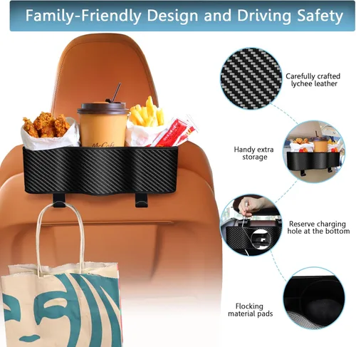 Vista 3 de Organizador de asiento trasero para automóvil con portavasos – Organizador multifuncional para asiento trasero con dos ganchos de asiento, se adapta
