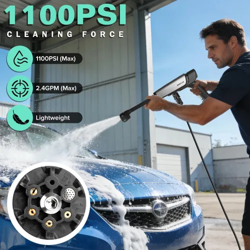 Vista 3 de Lavadora a presión inalámbrica alimentada por batería; lavadora eléctrica inalámbrica portátil de 1100 PSI, con motor sin escobillas, 2 paquetes