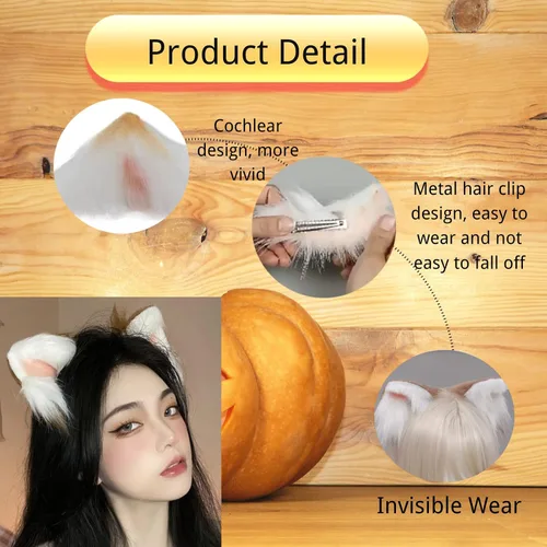 Vista 3 de Diadema de pelo sintético con orejas de gato, diadema peluda de zorro lobo de cola larga, disfraz de Halloween para cosplay, regalo para mujeres