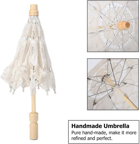 Vista 7 de Paraguas de encaje negro, hecho a mano, plegable, para boda, novia, para mujeres, decoración de fiesta, baile, fotografía, utilería (beige, S)