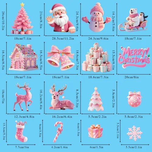 Vista 5 de 121 calcomanías de Navidad rosas para ventanas, Papá Noel, árbol de Navidad, copo de nieve, muñeco de nieve, ciervo, calcomanías de doble cara