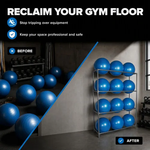 Vista 2 de Fitness First Estante de almacenamiento de metal para bolas de equilibrio, construcción de tubería de metal resistente, fácil montaje, diseño