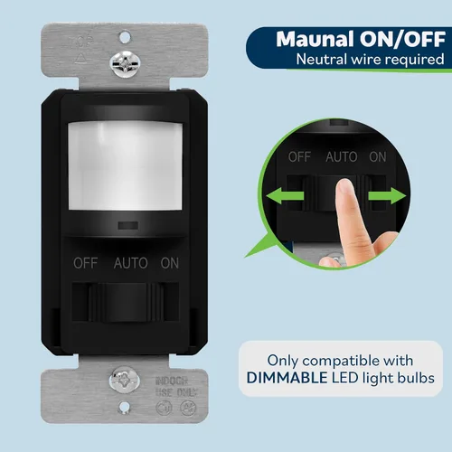 Vista 4 de TOPGREENER - Interruptor de luz con sensor de movimiento PIR para pared, interruptor con sensor de ocupación, requiere cable neutro, control manual