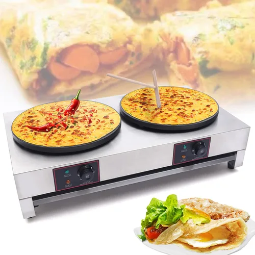 Vista 3 de Máquina de panqueques antiadherente comercial de 2 quemadores para hacer crepé, estufa de mesa 3.4KW, 110V sartén automática para panqueques