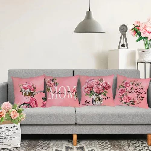 Vista 6 de Juego de 4 fundas de almohada para el Día de la Madre de 26 x 26 pulgadas, fundas de almohada de terciopelo para mamá, fundas de cojín florales