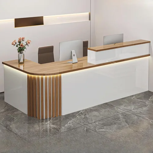 Vista 18 de LITFAD Recepción de computadora en forma de L - Escritorio de recepción de madera fabricada con gabinete, gestión de cables y bandeja para teclado