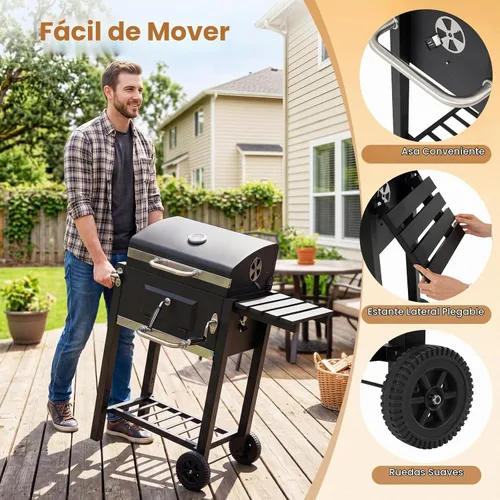 Vista 5 de Giantex Parrilla de carbón con estante lateral plegable, parrilla de barbacoa al aire libre con bandeja de carbón ajustable, termómetro, estantes